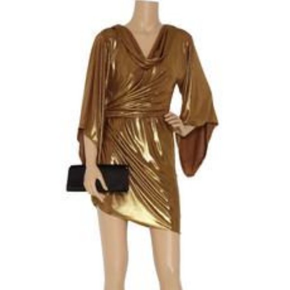 HALSTON HERITAGE Gold Metallic Asymmetric Dress Size 4 New 450$ - Picture 1 of 5